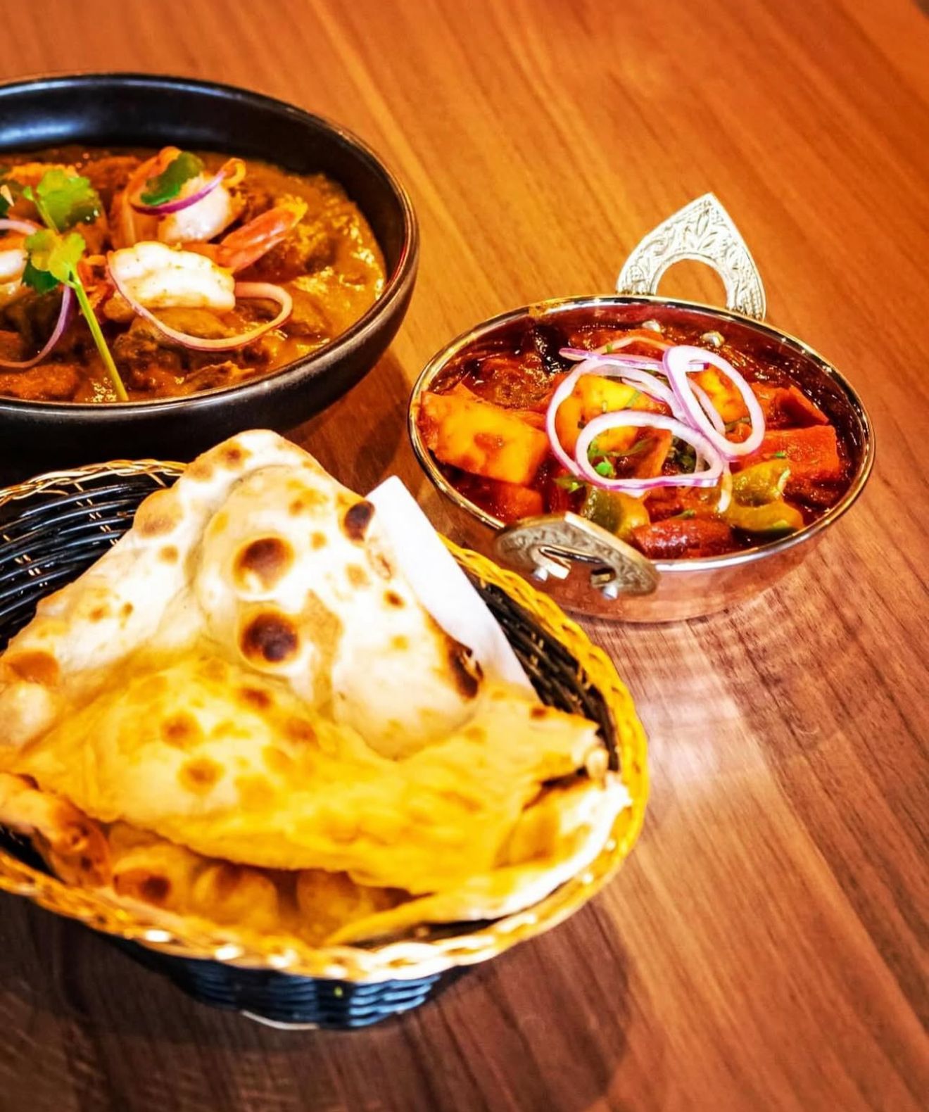 Fresh Naan with Shrimp Curry and Paneer at Angel Indian Restaurant Jackson Heights Queens